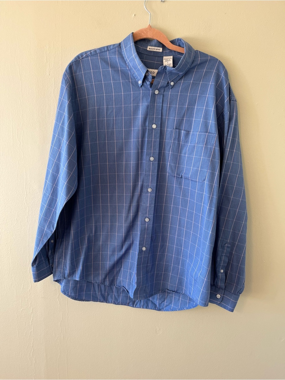 Izod Blue Plaid Button-Down Shirt with Subtle Pink Grid 100% Cotton